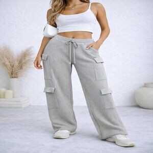 EDIKTED Grey Waffle Knit Cargo Sweater Pants Drawstring Cozy Lounge Size Medium